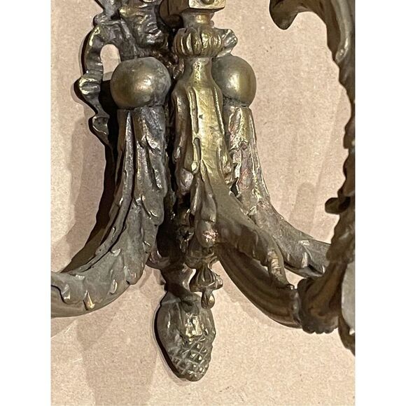 Antique  French Brass Candelabra Wall Hanging Sconce Candle Holder Fedral Foilag - Picture 8 of 10
